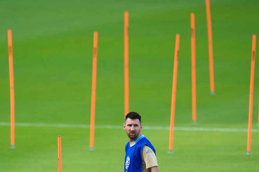 Lionel Messi participates in a training session