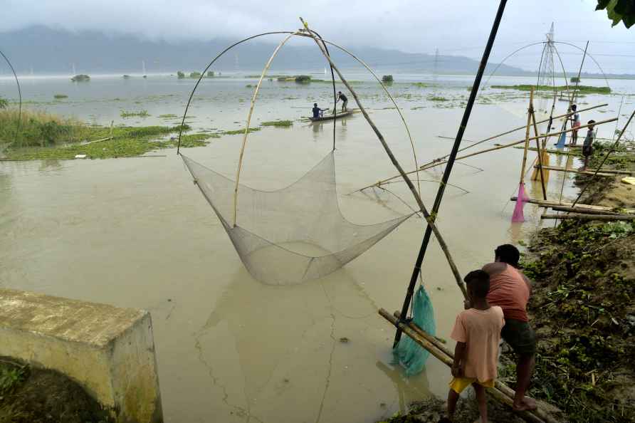 Morigaon: Villagers catch fish in flood water, in Morigaon district...