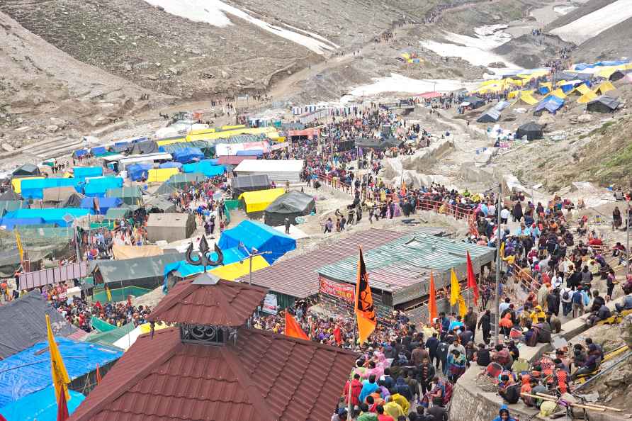 Anantnag: Devotees arrive at the Amarnath Temple to offer prayers...