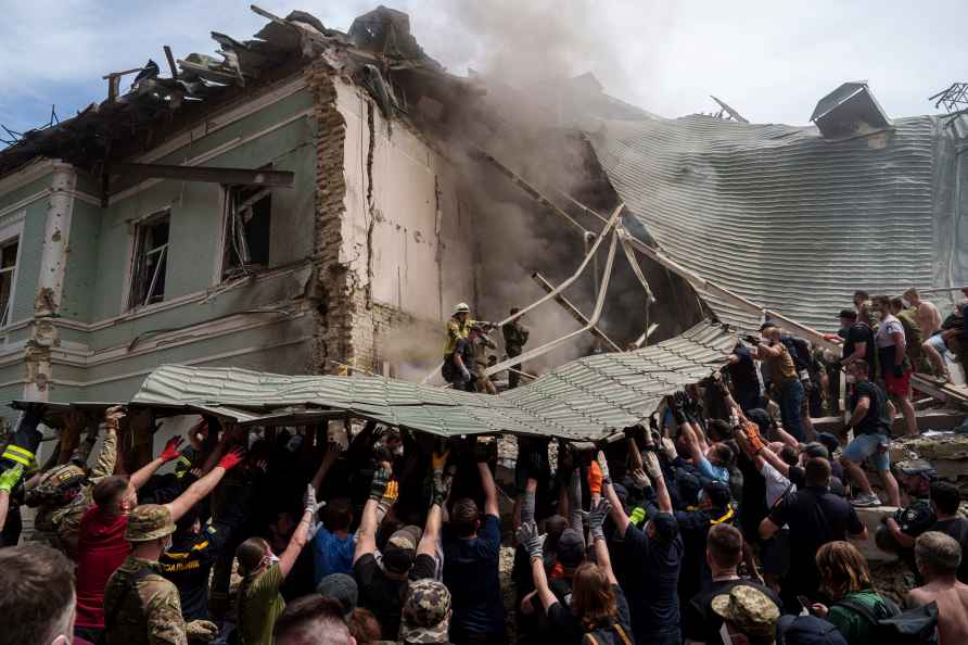 Emergency services work the site of Okhmatdyt children hospital