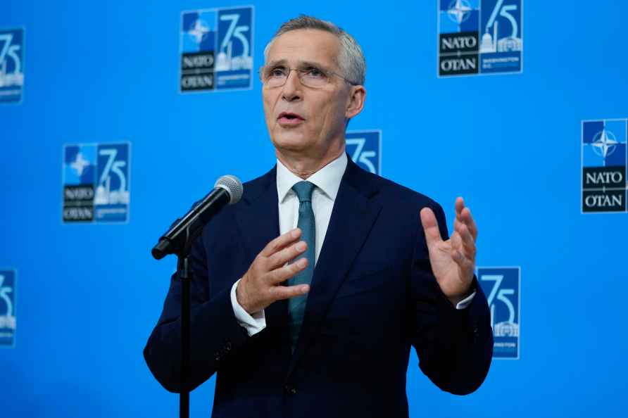 NATO Secretary General Jens Stoltenberg speaking to members of the...