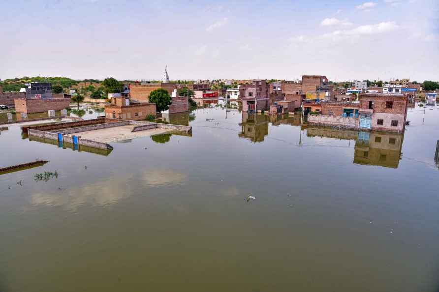 Bikaner: A flooded residential area after heavy rainfall, in Bikaner...