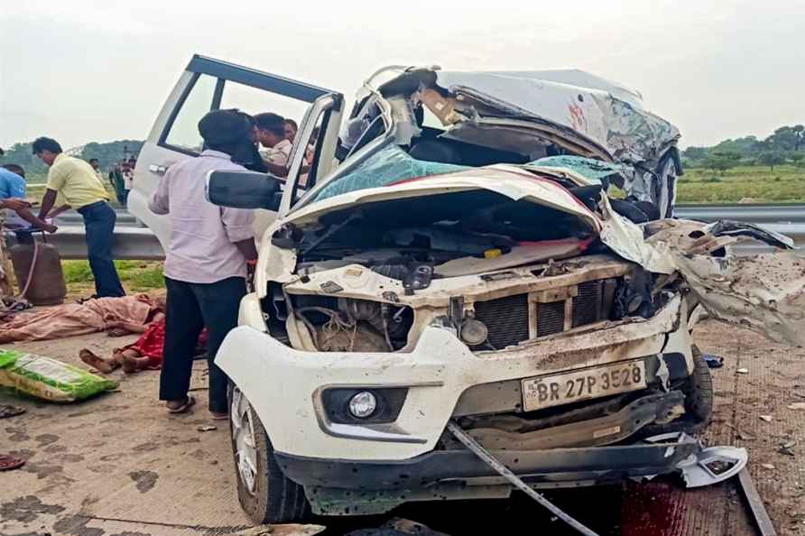 Patna: A damaged Scorpio car after its collision with a truck on...