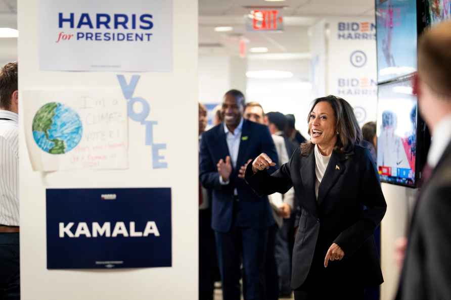 Kamala Harris at her campaign headquarters