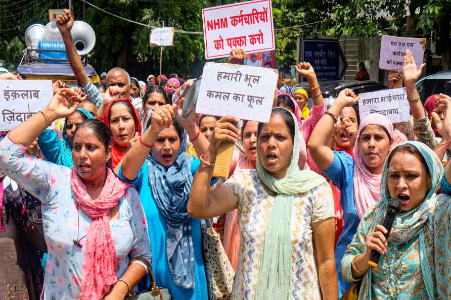 National Health Mission workers protest in Gurugram