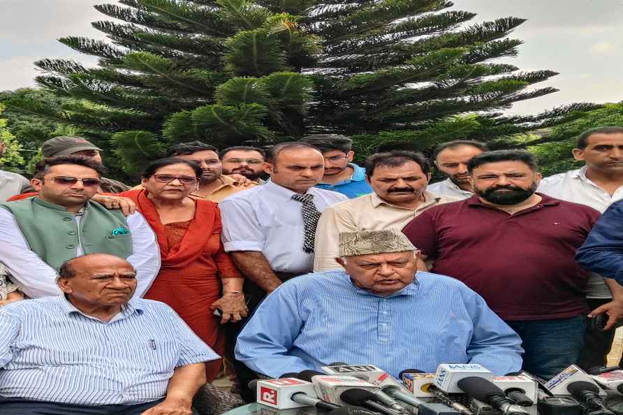 Jammu: National Conference President Farooq Abdullah addresses a...