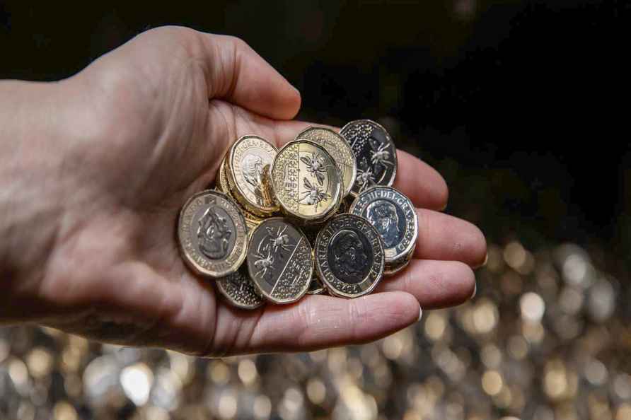 One-pound coins featuring King Charles, British bees