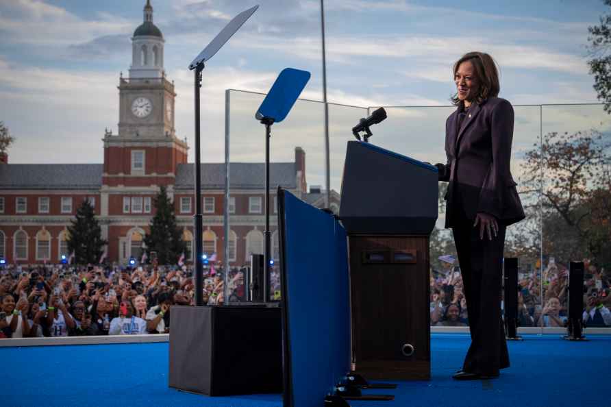 Democratic presidential nominee Vice President Kamala Harris delivers...