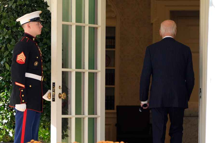 President Joe Biden departs after speaking in the Rose Garden of...